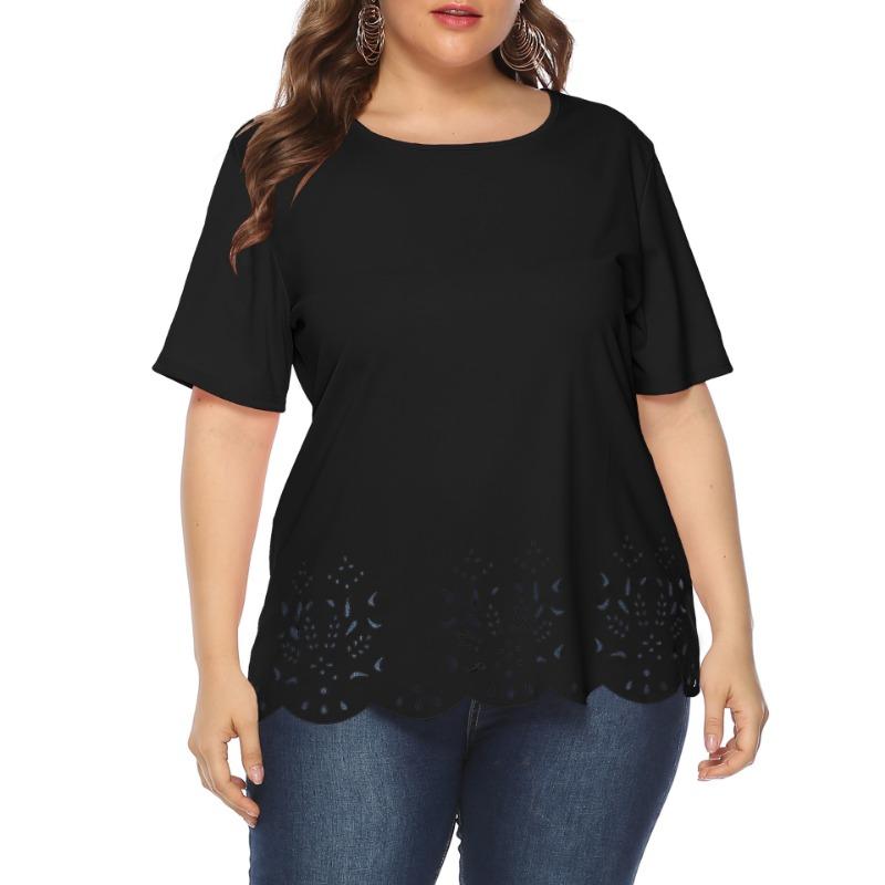 Plus Size Women s Eyelet Embroidery T-Shirt Crew Neck Short Sleeve Scalloped Hem Casual Top 1XL чёрный