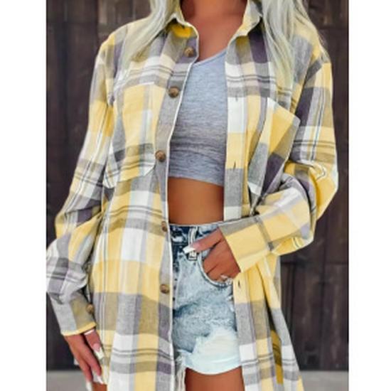 2024 Women's Pink Plaid Loose Long Sleeve Shirt Jacket