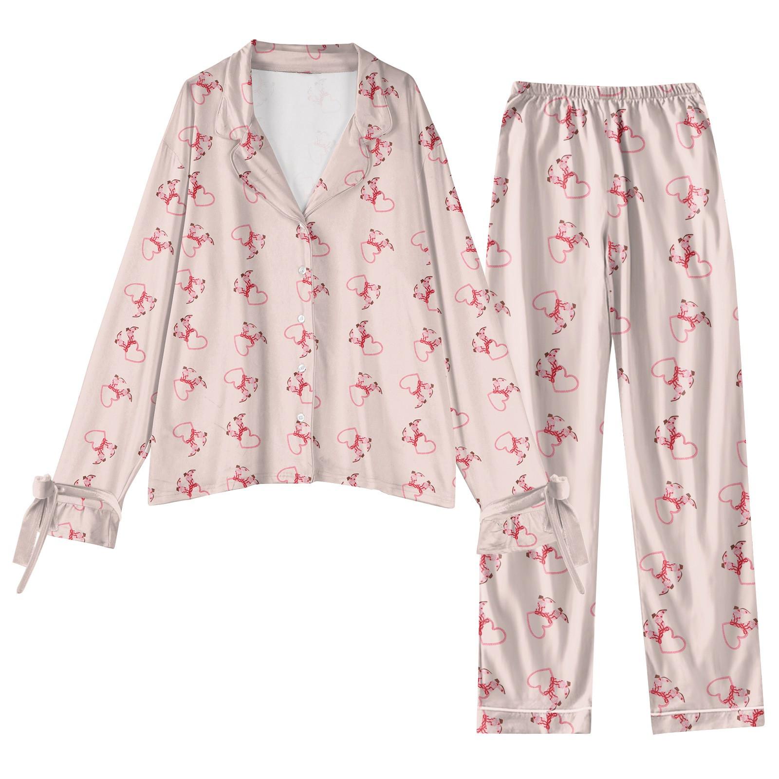 

Женский костюм из 2 предметов с принтом, топ на пуговицах с длинными рукавами, широкие брюки, комплект, пижамный домашний повседневный костюм XL бежевый