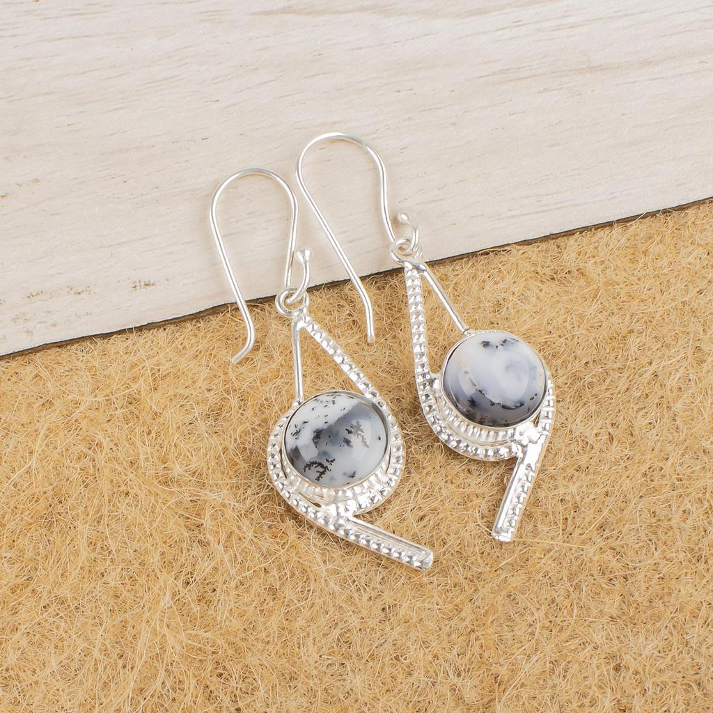 Natural Dendritic Opal Gemstone 925 Sterling Silver Handmade Elegant Drop Earrings 2.00" For Special Occasion EE-53-25