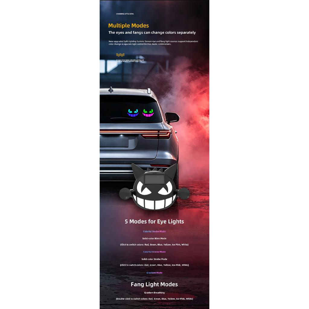 Solar Demon Eye LED Car Rear Window Light RGB Dynamic Expression Ambient Lamp Halloween Decoration Wireless Car Warning Light Neon Lights 4