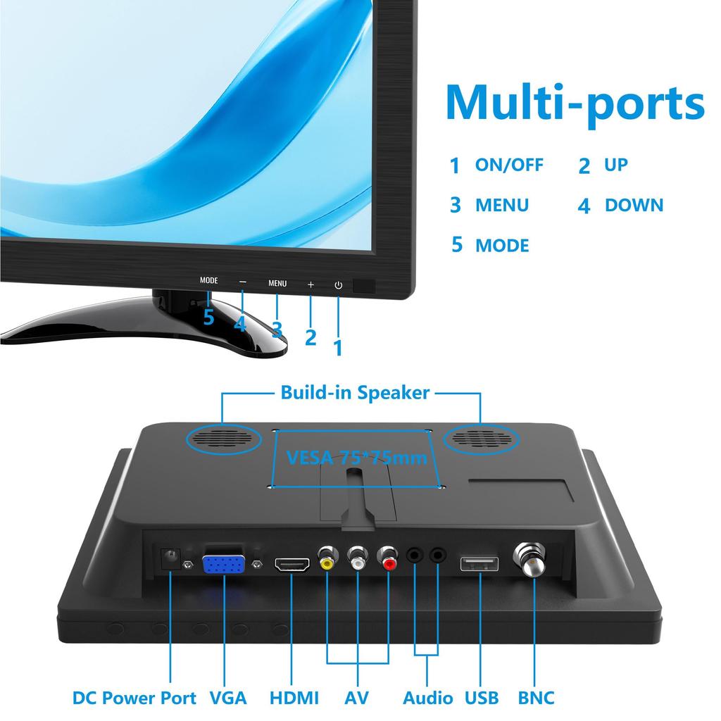 Wstirhy Compact Gaming 1024x768 Full HD Display Blue Light VESA Speakers 9.7-inch Monitor, (60Hz/VGA/HDMI/USB/AV/BNC), Reduction, Flickerless,