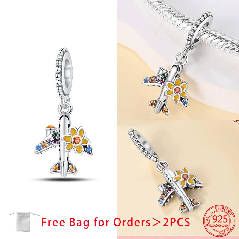 Authentic copper Charm Bead Charms Travel Zircon Airplane Luggage Sunglasses Bead Charms Pendant Compatible With Bracelets Jewellery Fine Gift