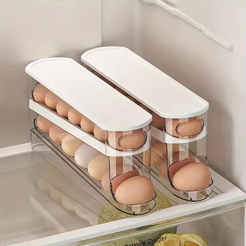 

12-14 Eggs Automatic Double-Layer Sliding Egg Storage Box Hinged Design Plastic Material Space Saver Egg Rack for Kitchen прозрачный