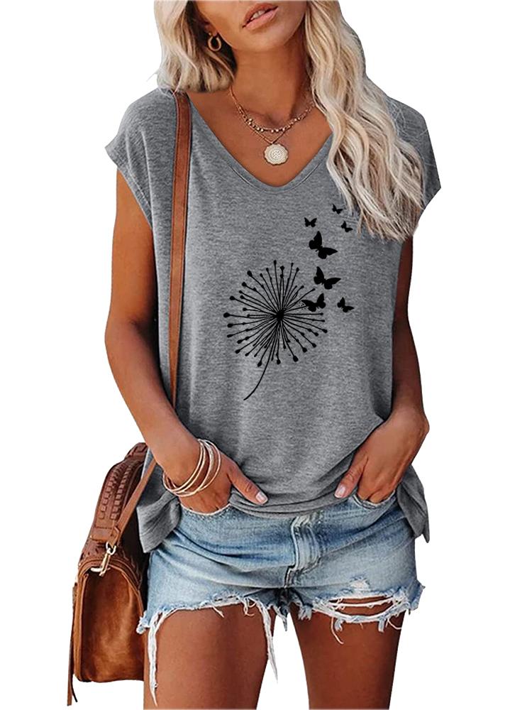 Women Fashion T-shirt Summer V Collar Print Short Sleeve Top Ladies Casual Tee Shirt