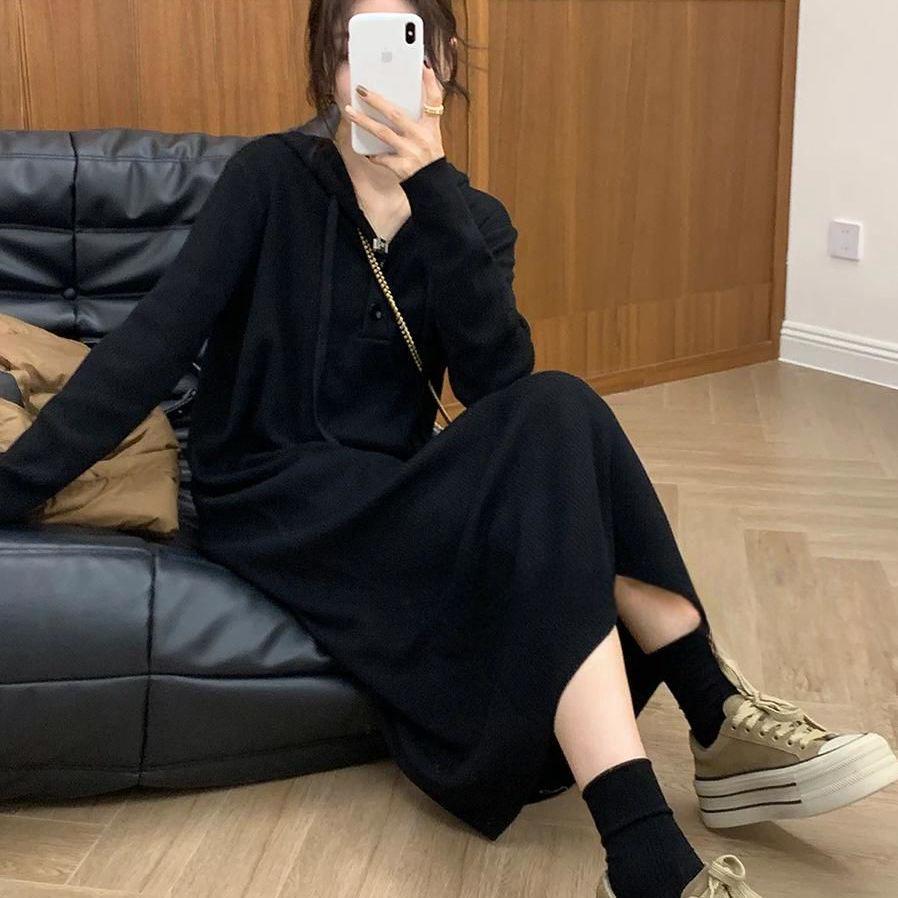 Women's French Retro Striped Wool Knit Hooded Dress - Casual, Loose, Autumn/Winter Fashion