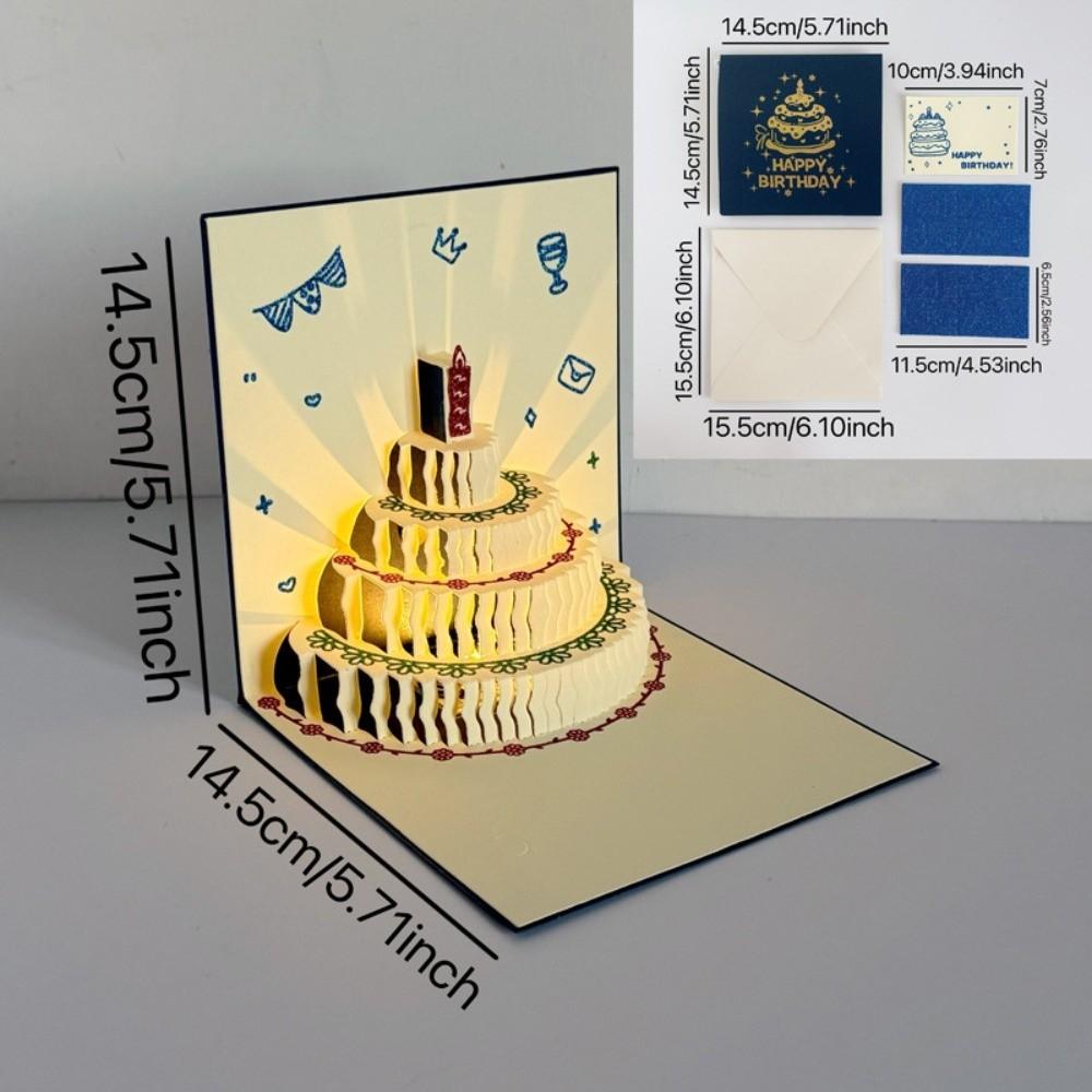3D Happy Birthday Card Four-Layer Birthday Cake with Envelope Gift Card Foldable Music Light Message Card Party Party Supplies