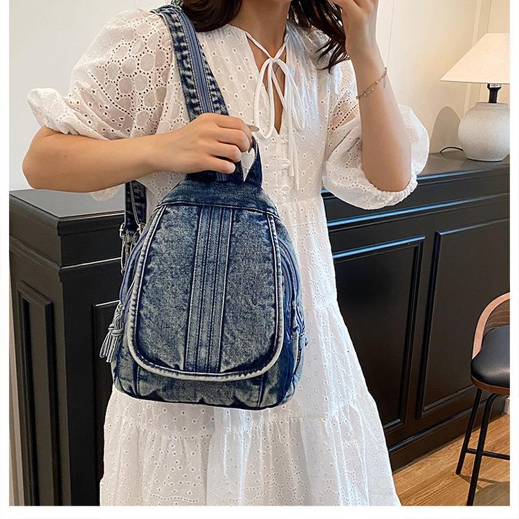 Washed denim backpack women go out small backpack
