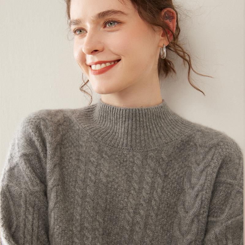 Women's 2025 Cashmere Cable Knit Pullover: Heavyweight, Half-High Collar, Loose, Slimming Sweater.
