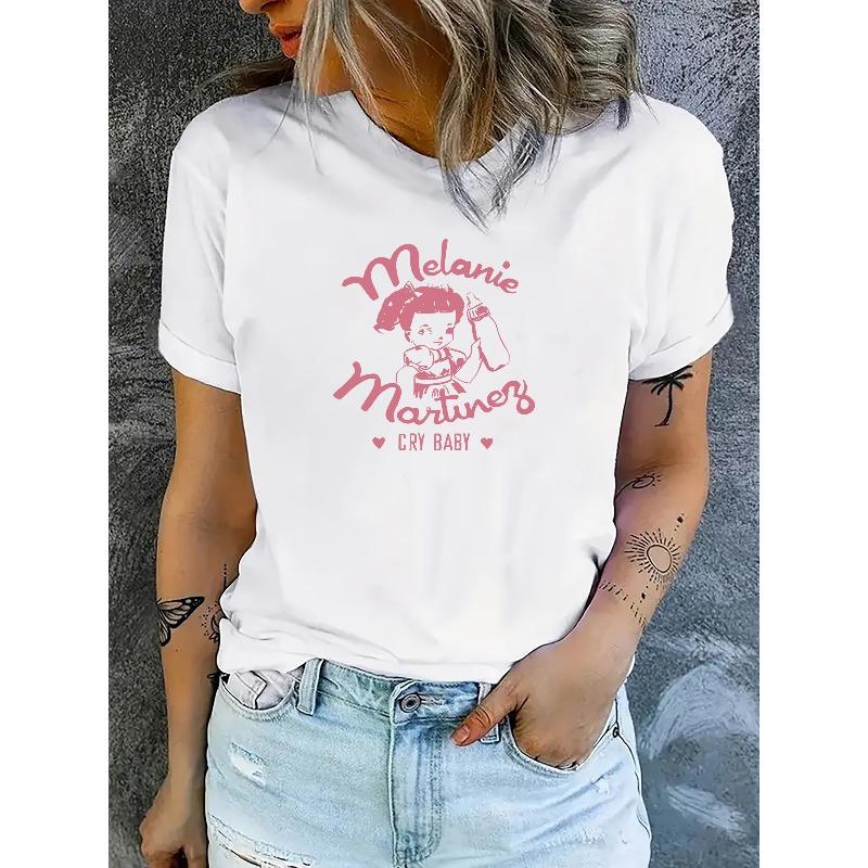 European Size Cartoon Print T-shirt, Short Sleeve Crew Neck Casual Top For Summer & Spring, Women's Clothing