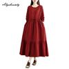 Korean Style Plus Size Spring Autumn Women Midi Dress O Neck Red Green Brown Burgundy Oversized Dress Lace Up Embroidery Cotton Dress