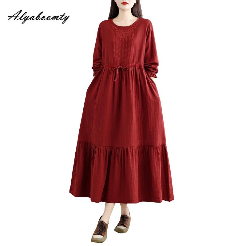 Korean Style Plus Size Spring Autumn Women Midi Dress O Neck Red Green Brown Burgundy Oversized Dress Lace Up Embroidery Cotton Dress