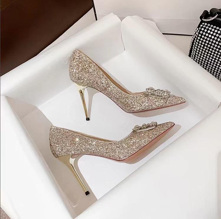 Spring new sequins sexy thin heel rhinestone square buckle dinner single shoes women's pointed head light mouth black high heels
