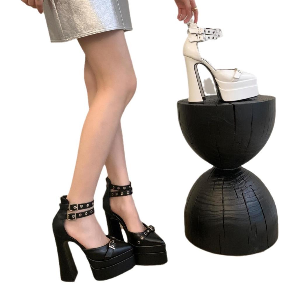 Fashion 15cm Catwalk Belt Buckle Chunky Heel Pointed Hollow Sandals Super High Heel Waterproof Platform Sky-high Catwalk Heel Shoes