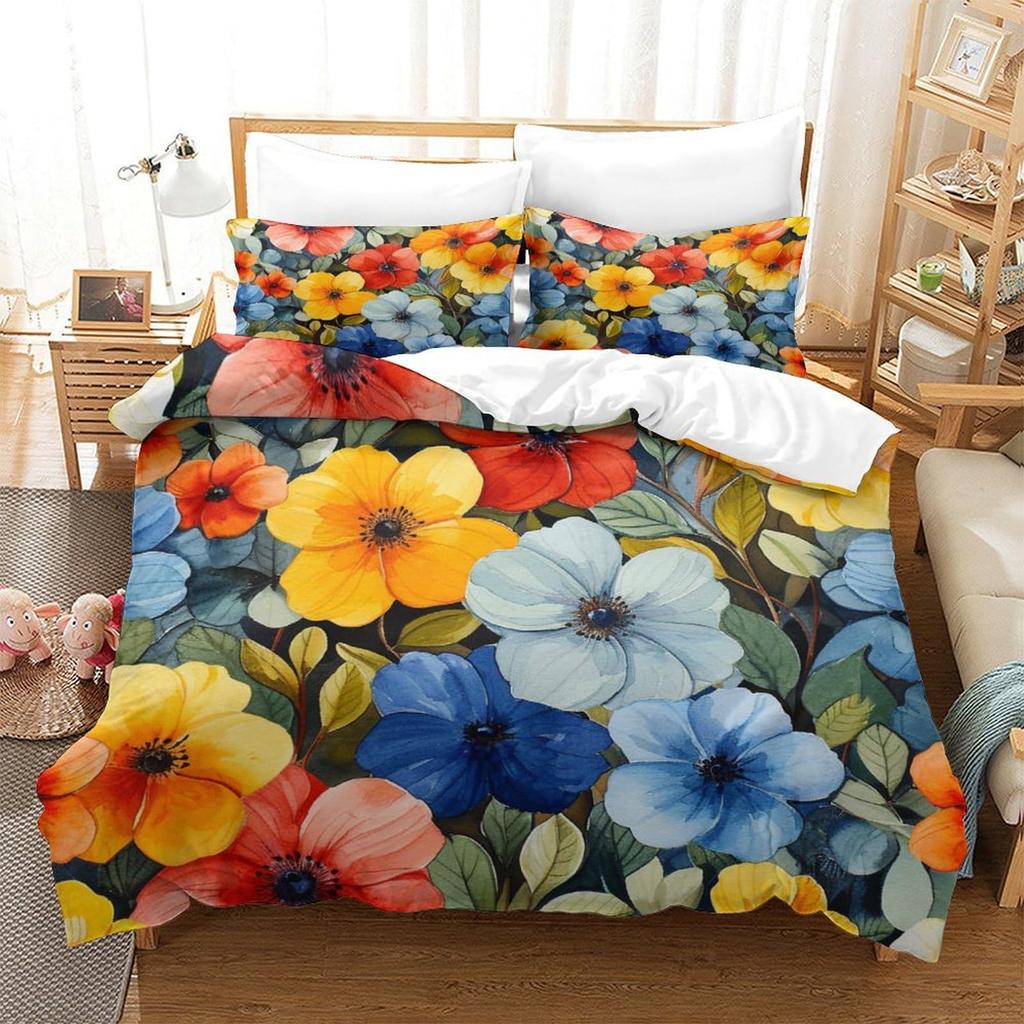 Purple Flower Print Bedding Bedroom Set Duvet Cover With Pillowcase Three-Piece Set