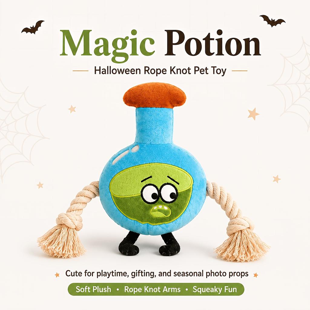 Halloween Squeaky Plush Dog Chew Toy, Pumpkin Ghost Potion Design with Cotton Rope Arms, Bite Resistant Tug Play Toy for Pets