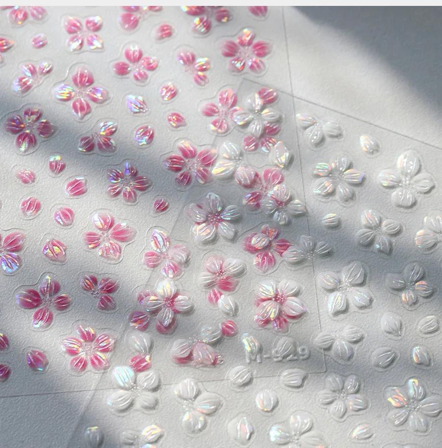 Cherry Blossom Pink Flower Sakura Spring 5D Nail Art Sticker Gold Stamping Soft Adhesive Relief Adhesive Chic Manicure Decals