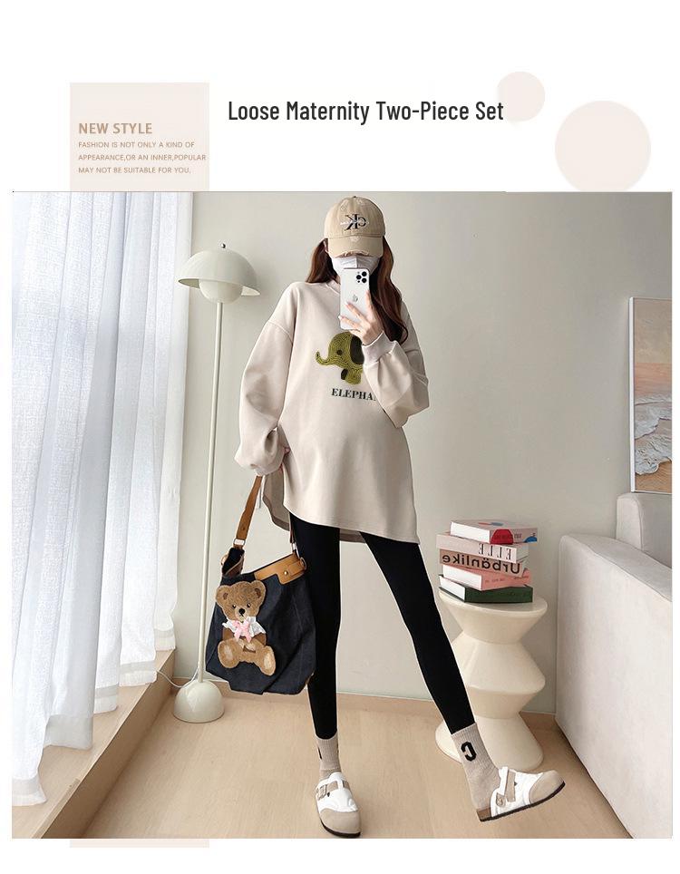 2025 Spring-Autumn Maternity Two-Piece Set: Grey & White Elephant Slit Sweatshirt with Long Sleeves