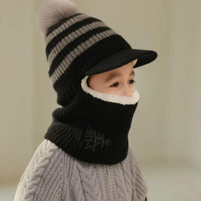 Kids' Winter Wool Hat with Velvet Lining & Duckbill Cap: Face Protection and Scarf Combo