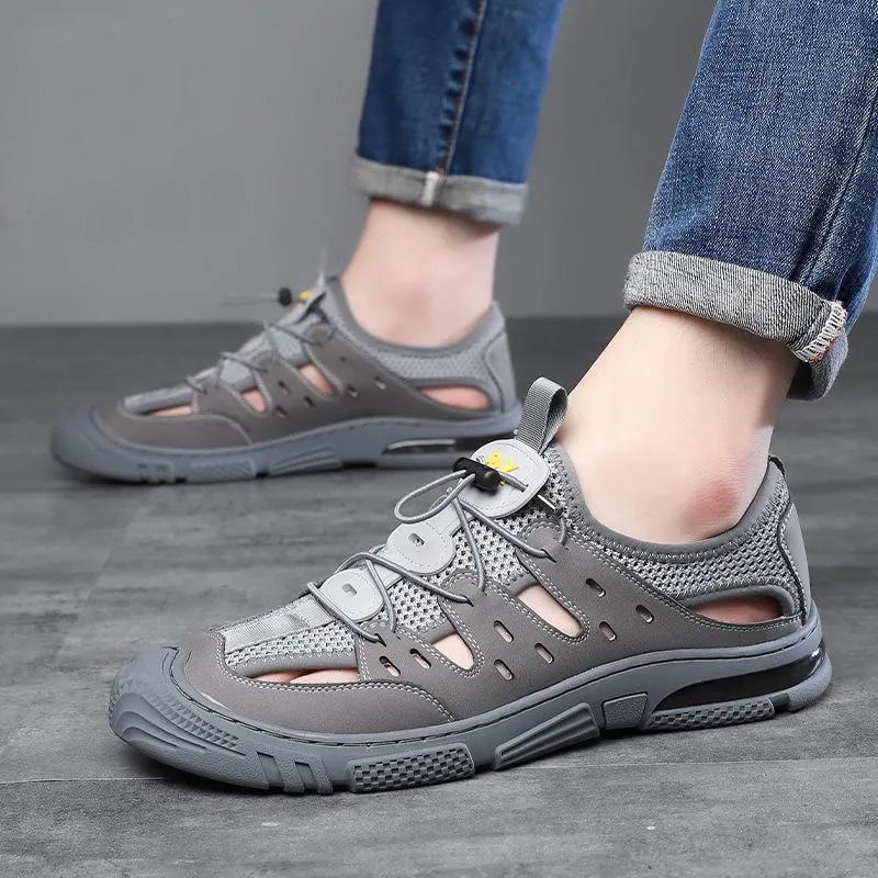 Sandals Men'S Leather Casual Mesh Shoes 22 Years Bag Head Breathable Beach Shoes Outdoor Hiking Hole Shoes Men