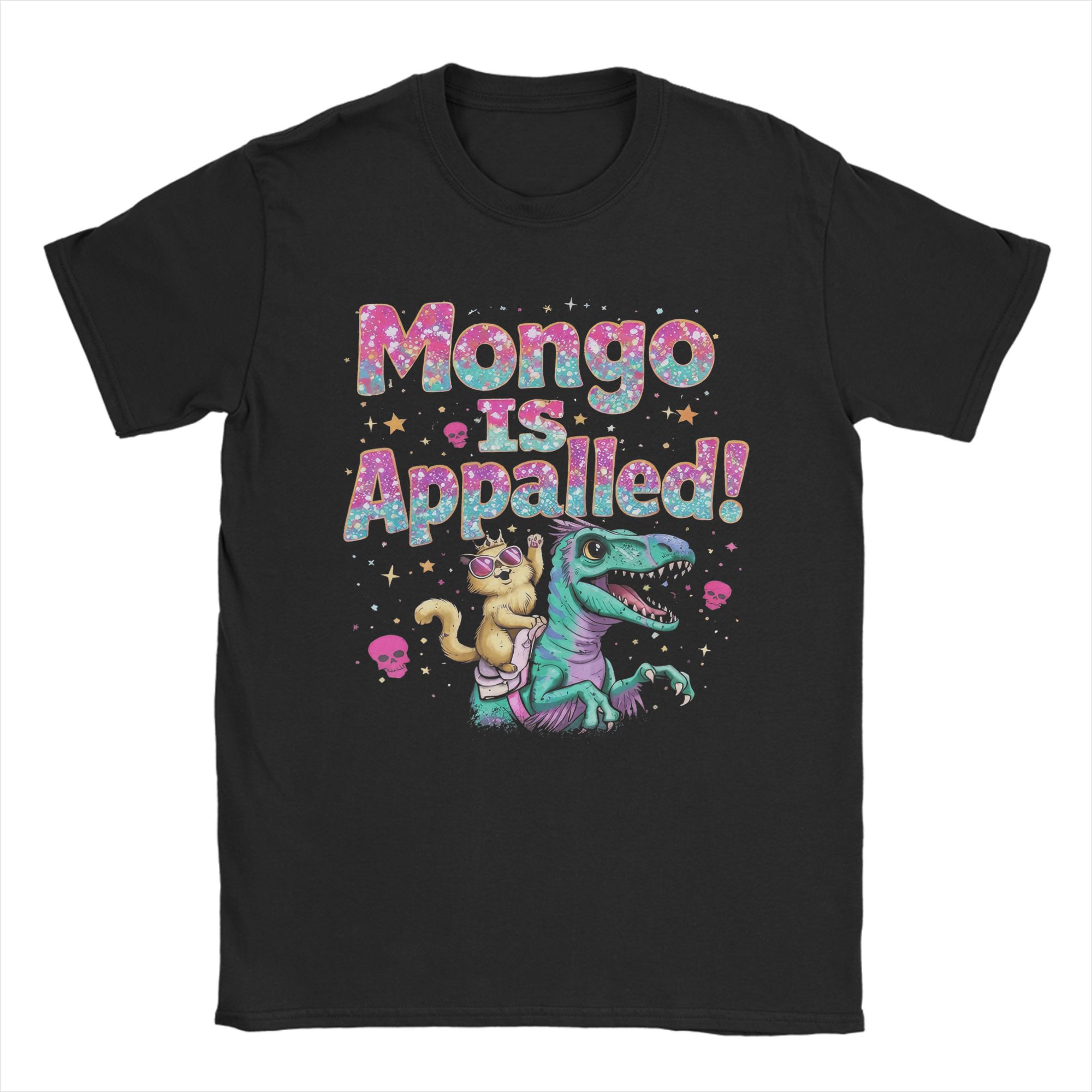 Retro Mongo is Appalled Princess Cat Riding Dinosaur Men T Shirts Funny Tee Shirt Short Sleeve Round Neck TShirt Cotton S