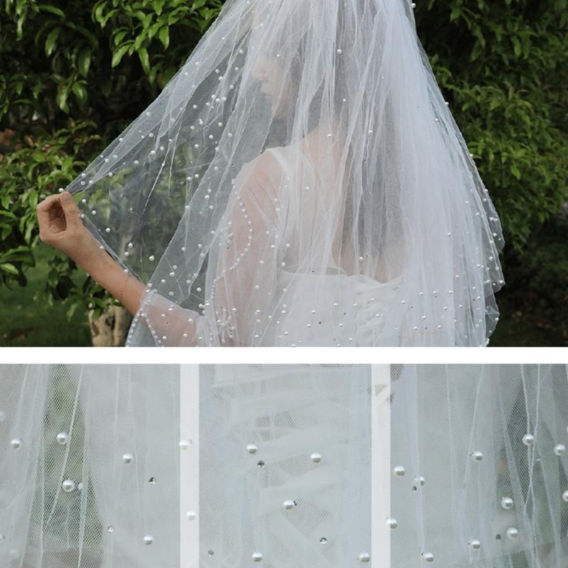 Luxurious Beadwork Pearls Decors Wedding Veil Tulle Bride Veil with Comb For Bridal Shower and Bachelorette Parties
