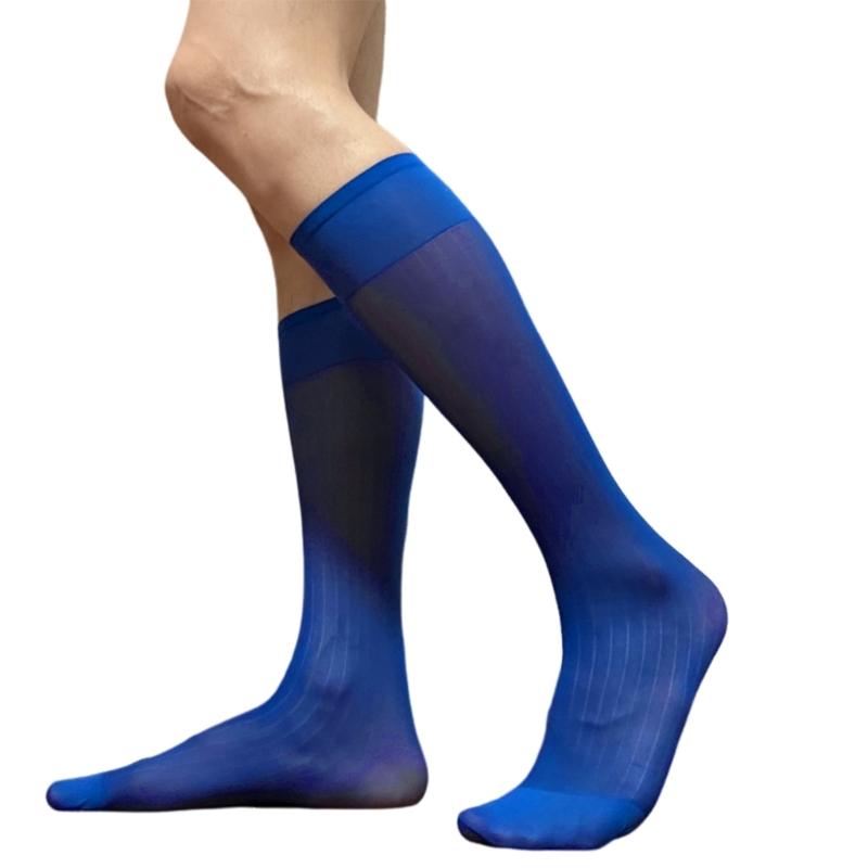Mens Nylon Sheer Suit Socks Business Dress Socks Elastic Wide Striped See Through Formal Dress Over the Calf Stockings