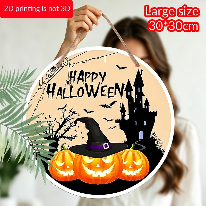 2D Flat Aluminum Decorative Plaques and Ornaments Sign, Halloween Hanging Plaque with Pumpkin Witch Hat Bat Castle Design, Spooky Wall Decor for