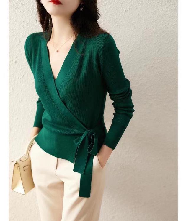 

2024 Европейский Весна/Осень Кардиган Slim Fit с V-образным вырезом и длинными рукавами Medium зелёный