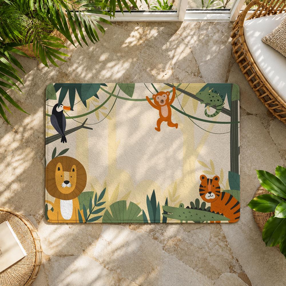 Jungle Animal Theme Design Floor Mat Flannel Rug Non Slip Absorbent Soft Washable for Entryway Hallway Bathroom Kitchen Decor