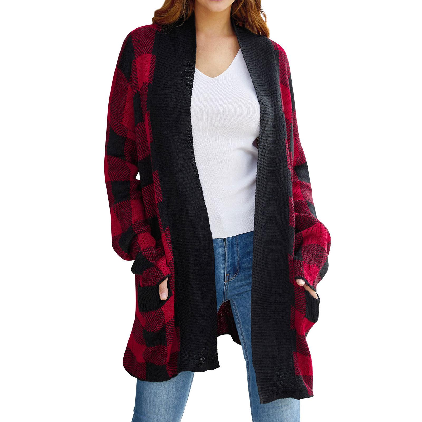 

Women Open Front Long Knit Cardigan Sweater With Pockets S червоний