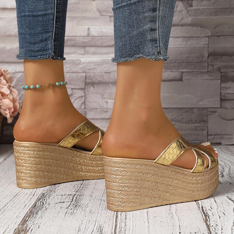 Fashion Women's Platform Wedge Sandals Summer Fashion Gold Silver Wedge Heel Sandals Woman Brand Design Thick Bottom Beach Slipper 35-43
