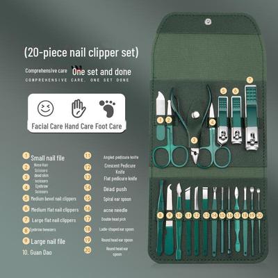 20-Piece Dark Green Stainless Steel Nail Clipper & Manicure Set