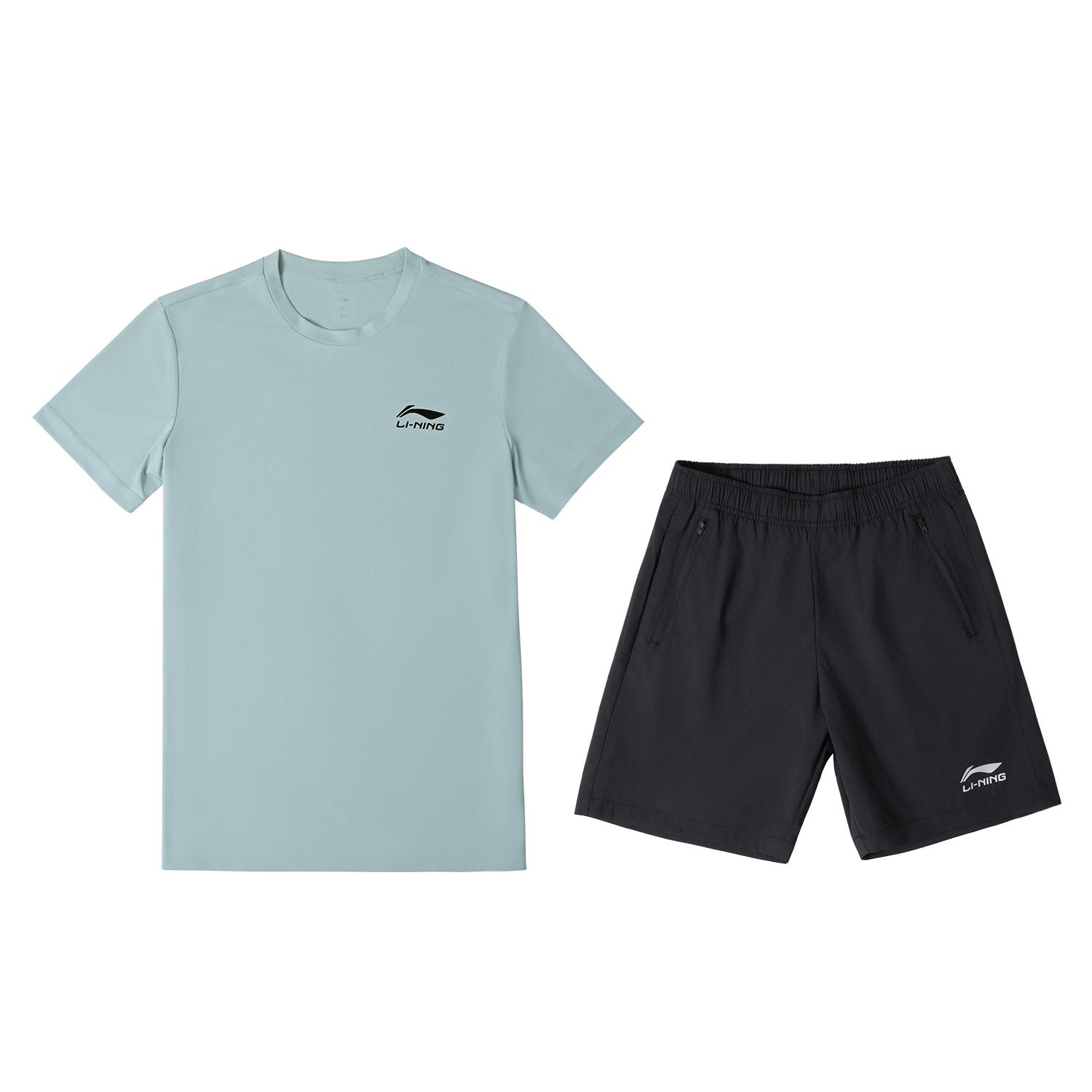 Li-Ning Серия Футбол Тренировка Фитнес Бег Быстросохнущие Короткий рукав Шорты Повседневный Спортивный костюм Мужской костюм Аквамариновый Черный YATW081-4 S