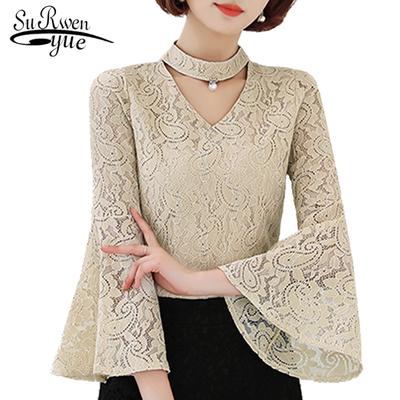 SURWENYUE moda kadın üstleri dantel bluz gömlek flare kollu giyim içi boş gömlek artı boyutu üstleri