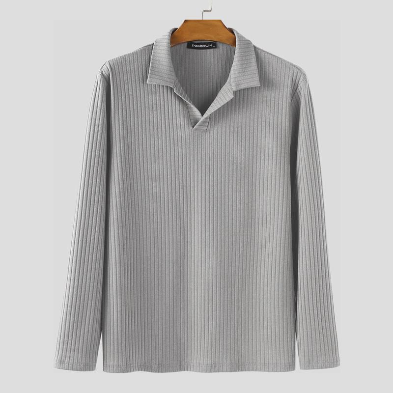 INCERUN Autumn Winter Men Lapel Neck Long Sleeve Casual Texture Rib Pullovers Tops