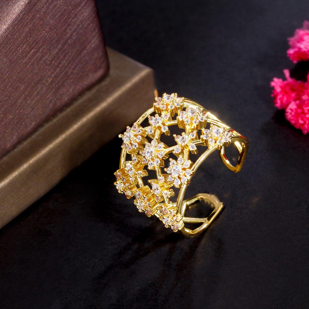 CMM Exclusive Design Hollow Star flower Gold Color Silver Color Fine Flashing Zircon Opening Adjustable Ring