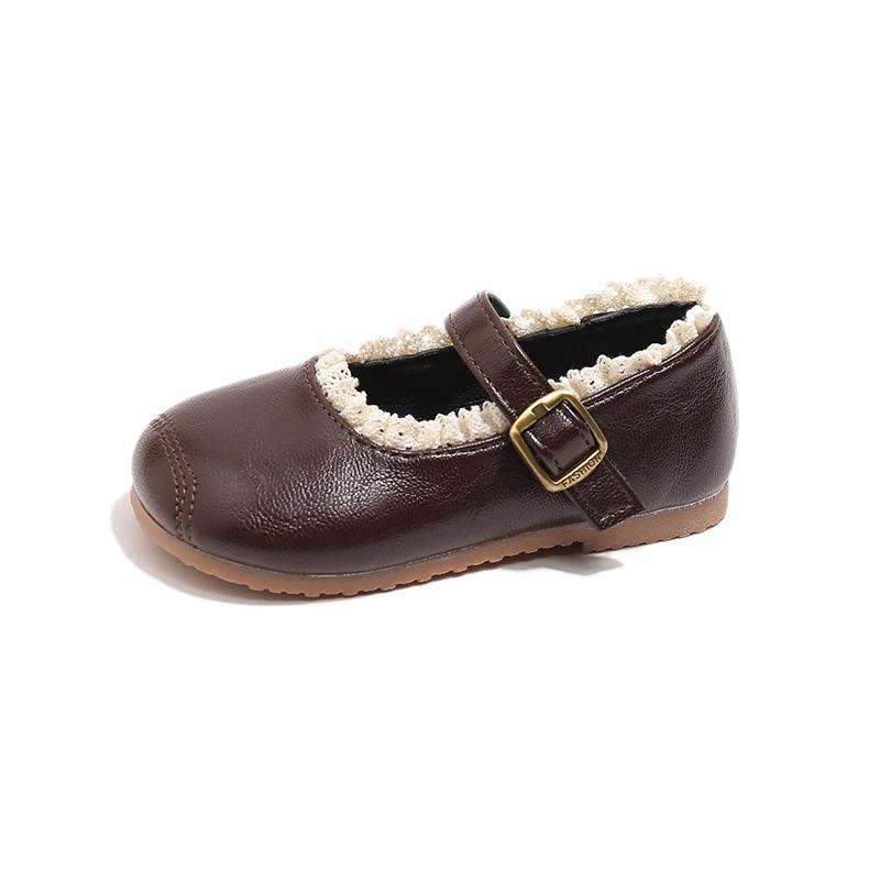 

New Girls Performance Causal Shoes Spring Autumn Retro Style Kids Fashion Princess Flat Shoes Sweet Lace Children Leather Shoes 25