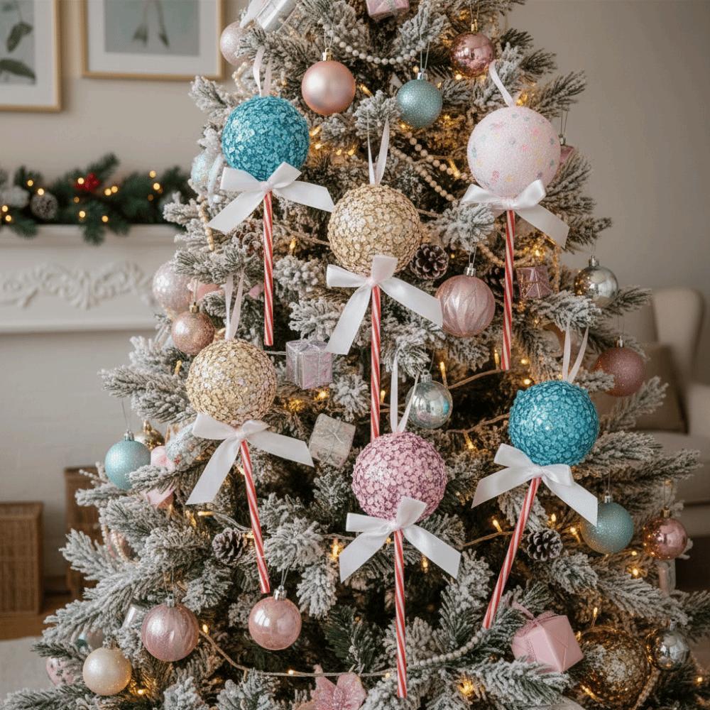 4PCS Sequins Bow Christmas Balls Pendants Foam Ball Fake Lollipop Xmas Decorations Wedding Party