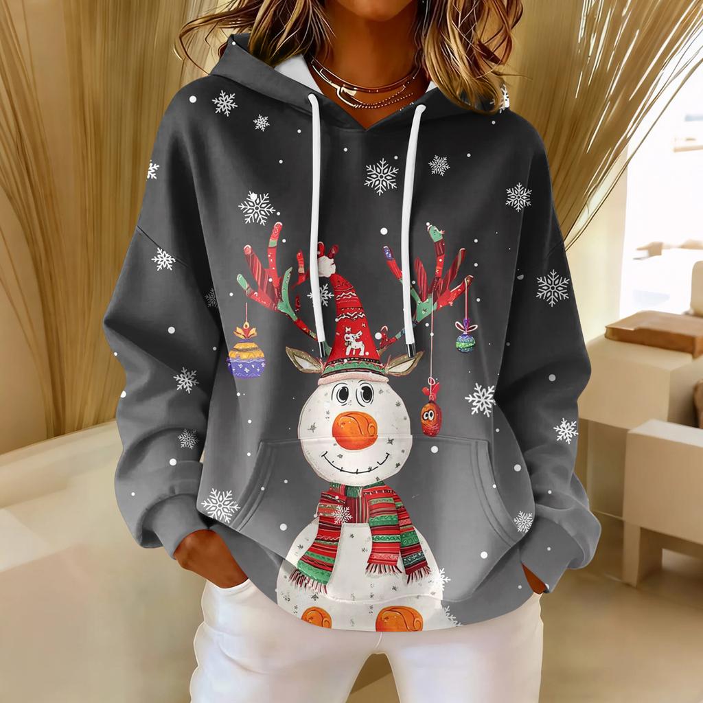 Women's Loose Comfortable Casual Fashion V-Neck Christmas Print Long Sleeve Hoodie