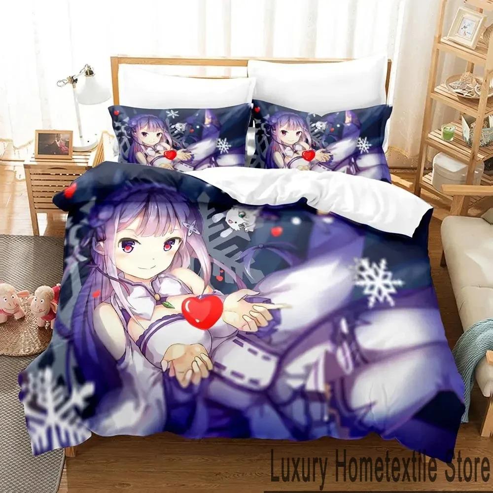 3D Anime Re Zero Rem Ram Emilia Bedding Set Duvet Cover Bed Set Quilt Cover Pillowcase Comforter King Queen Size Boys Adult