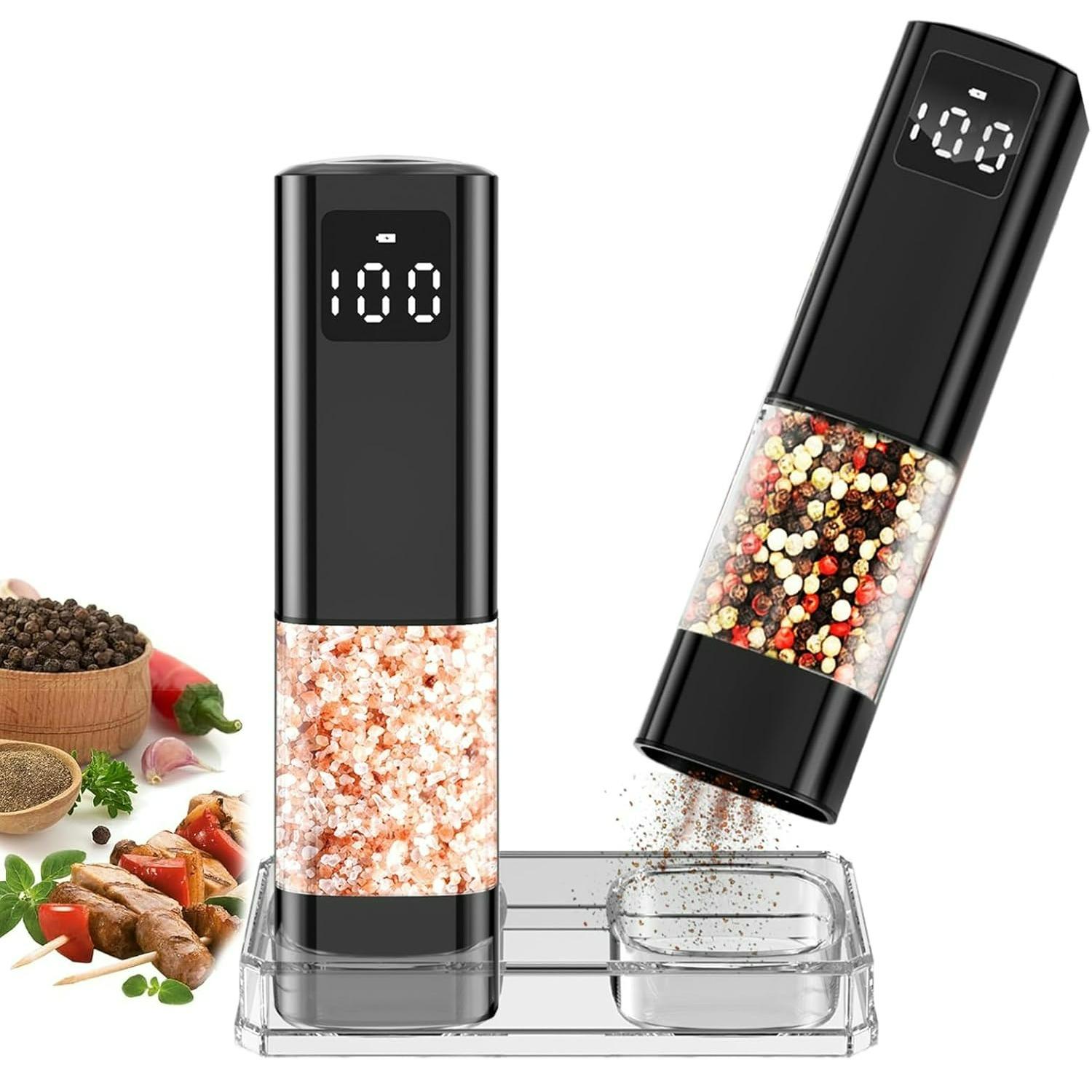 Electric Salt and Pepper Grinder Set,Rechargeable Electric Pepper Grinder with LED Display,Adjustable Coarseness,Large Capacity Refillable Salt чёрный