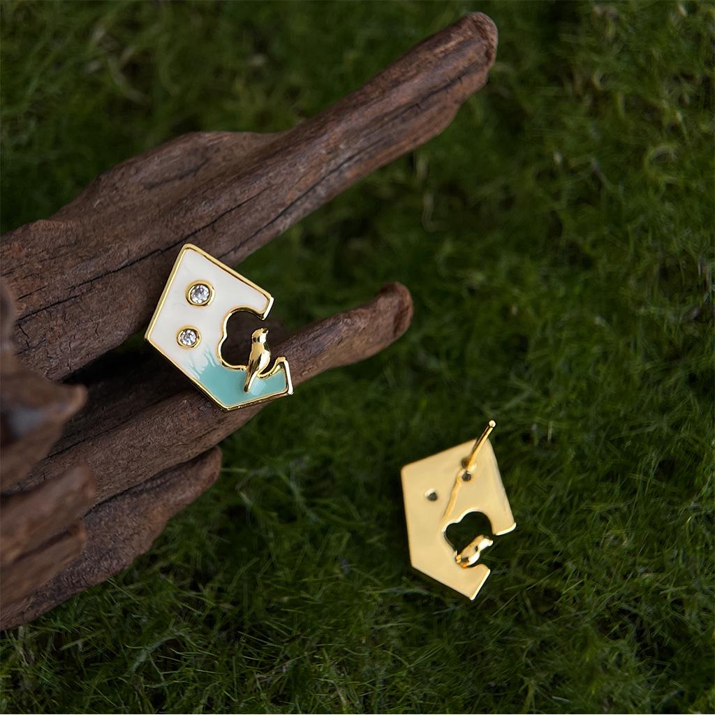 The Bird Collection: Gradient Enamel Zircon Geometric Stud Earrings - Light Luxury Literary Fashion Style