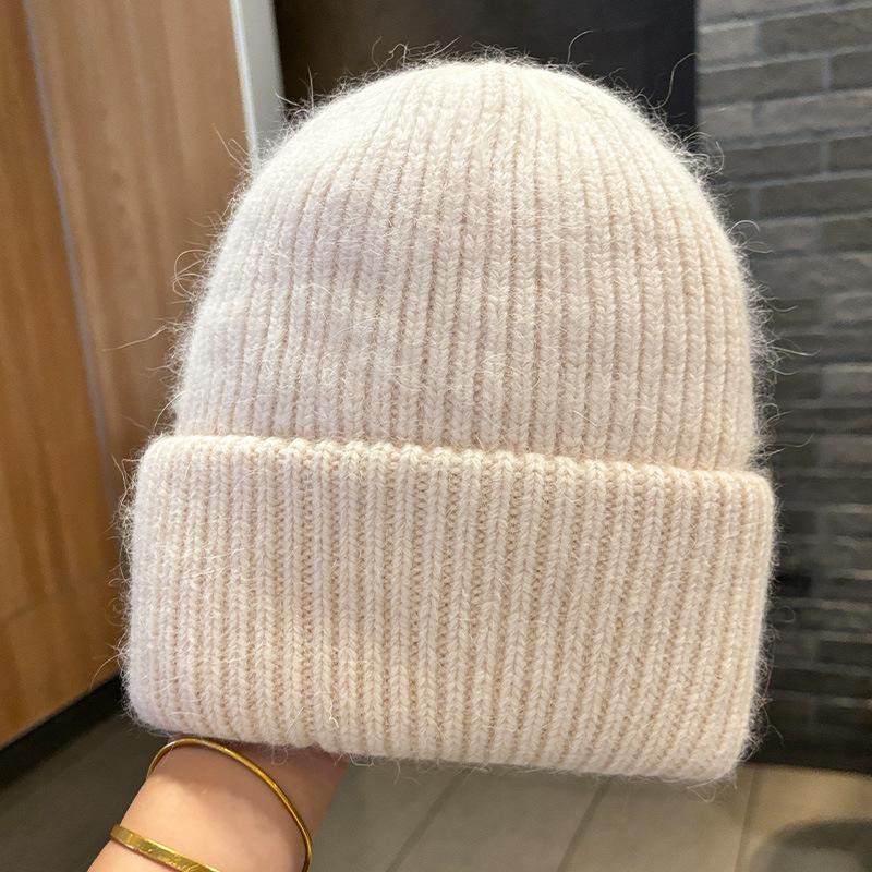 Winter angora rabbit fur warm solid color light board wool hat women's autumn and winter candy color vertical striped knitted hat