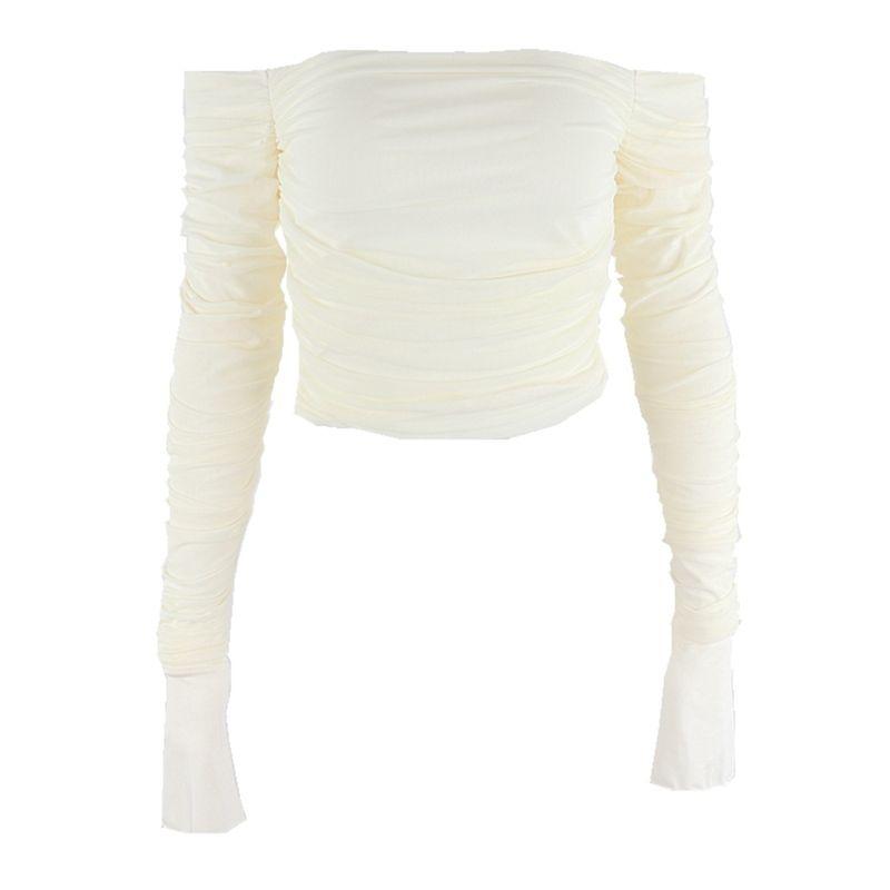 Off-the-Shoulder Ruched Long Sleeves T-shirt Elegant Summer Ins Mesh