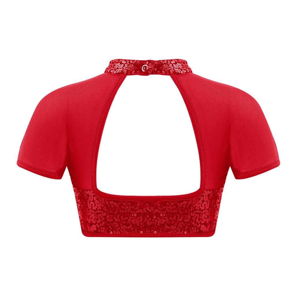 Girls Shiny Sequins Adorned Mock Neckline Short Sleeve Mesh Patchwork Crop Top Cutout Back Dance Top