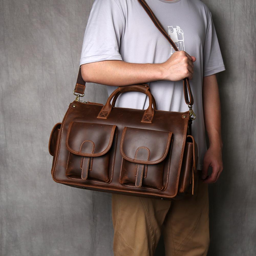 NZPJ Retro Genuine Leather Men's Briefcase Top Layer Cowhide Handbag Crazy Horse Leather Crossbody Bag For 16 Inch Laptops