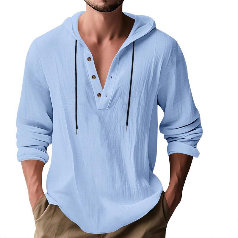 Men's Lightweight Linen Hooded Henley Shirt Casual Long Sleeve Button-Up Drawstring Solid Color
