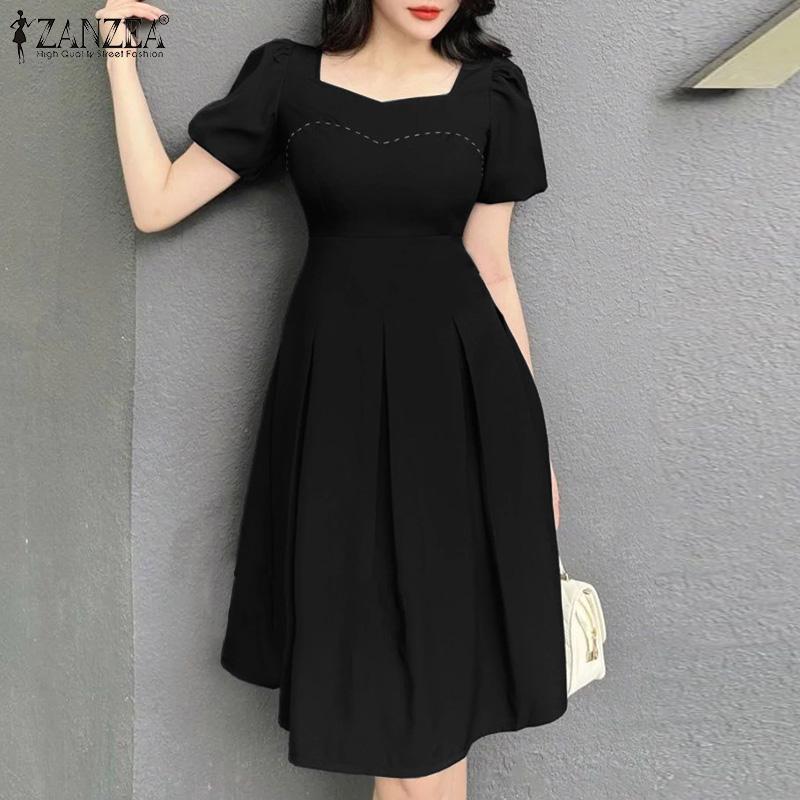 ZANZEA Women Casual Square Neck Summer Short Sleeve Dress