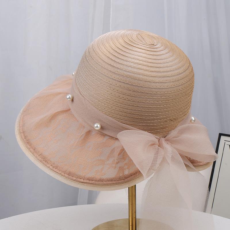 Spring and summer new lace mesh top hat women's sunscreen sun hat pearl bow decorative holiday mesh hat
